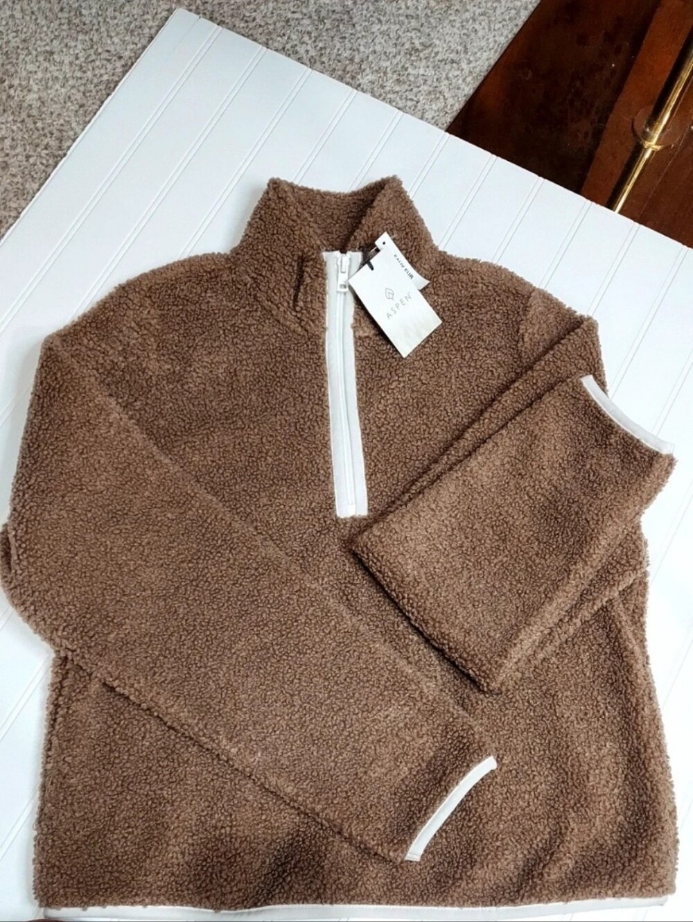 Aspen Cozy Teddy Bear Brown Sherpa QuarterZip Fleece Pullover NWT Size Small Ski